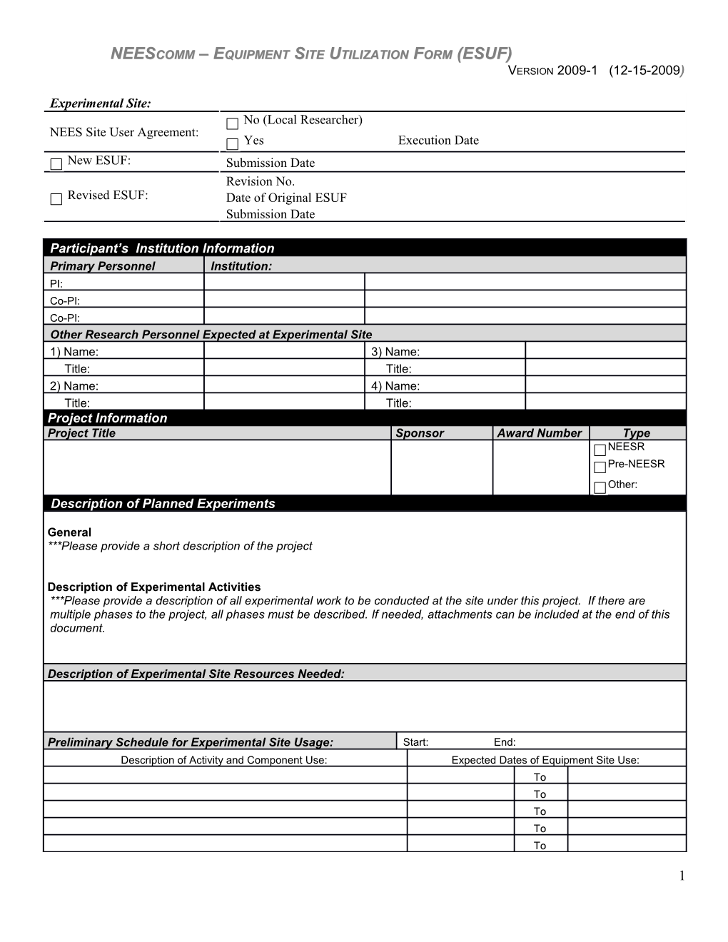 Neescomm Equipment Site Utilization Form (ESUF)