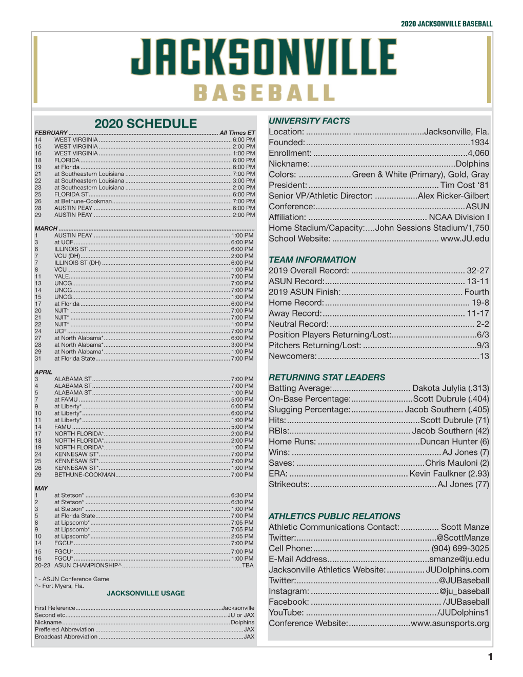 2020 Schedule University Facts February