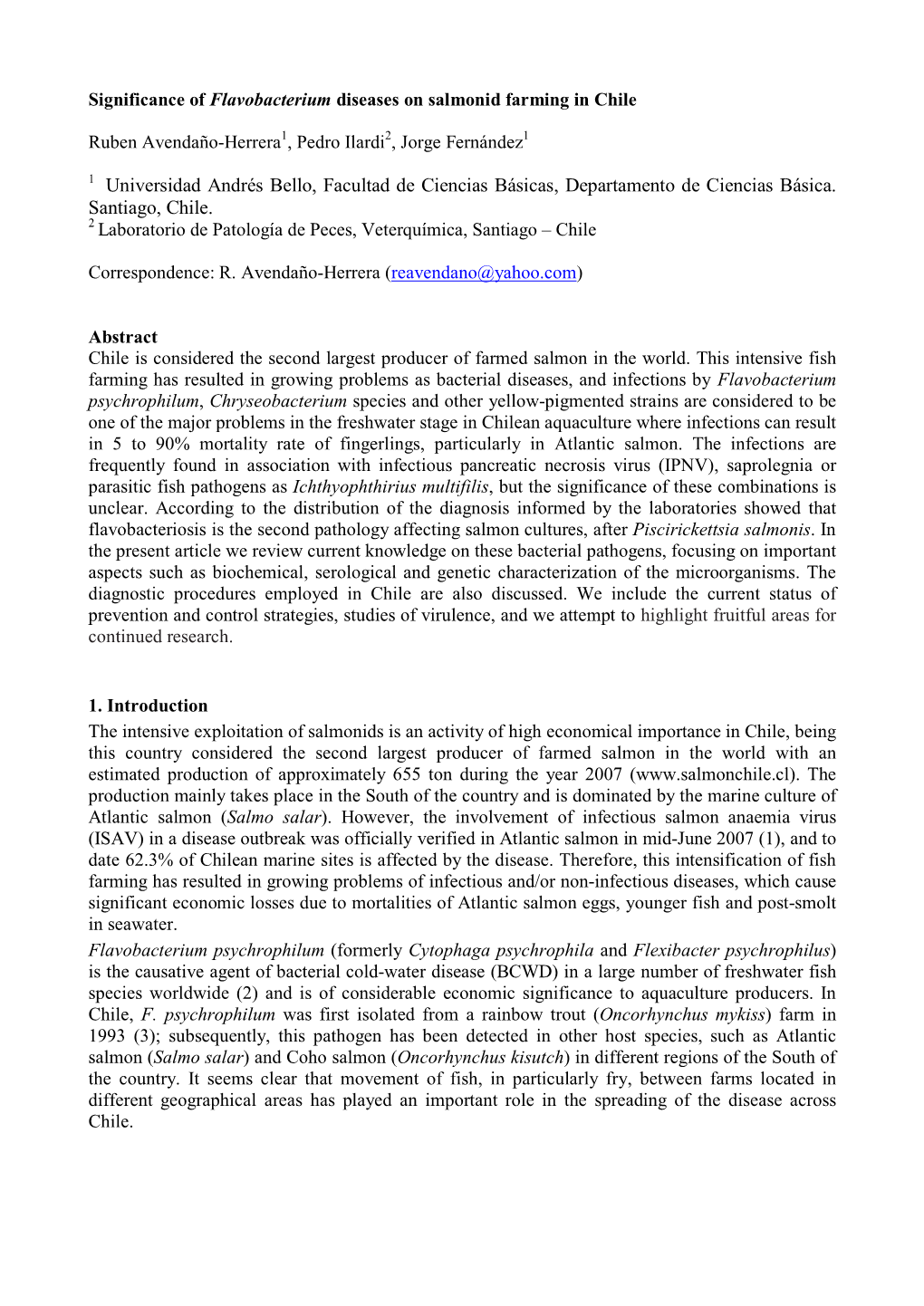 Significance of Flavobacterium Diseases on Salmonid Farming in Chile