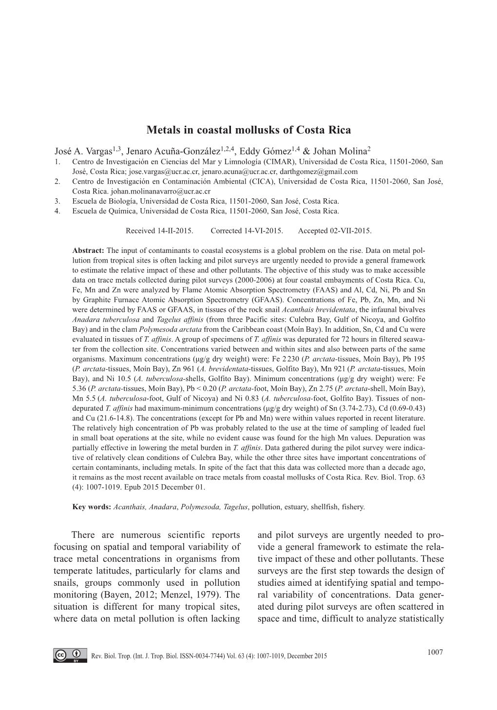 Metals in Coastal Mollusks of Costa Rica