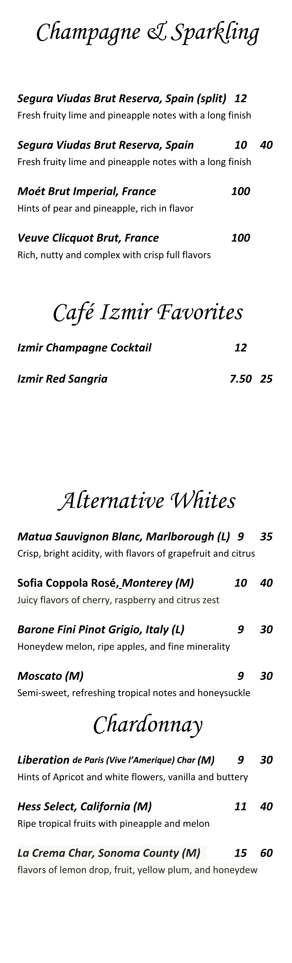 Champagne & Sparkling Café Izmir Favorites Alternative Whites