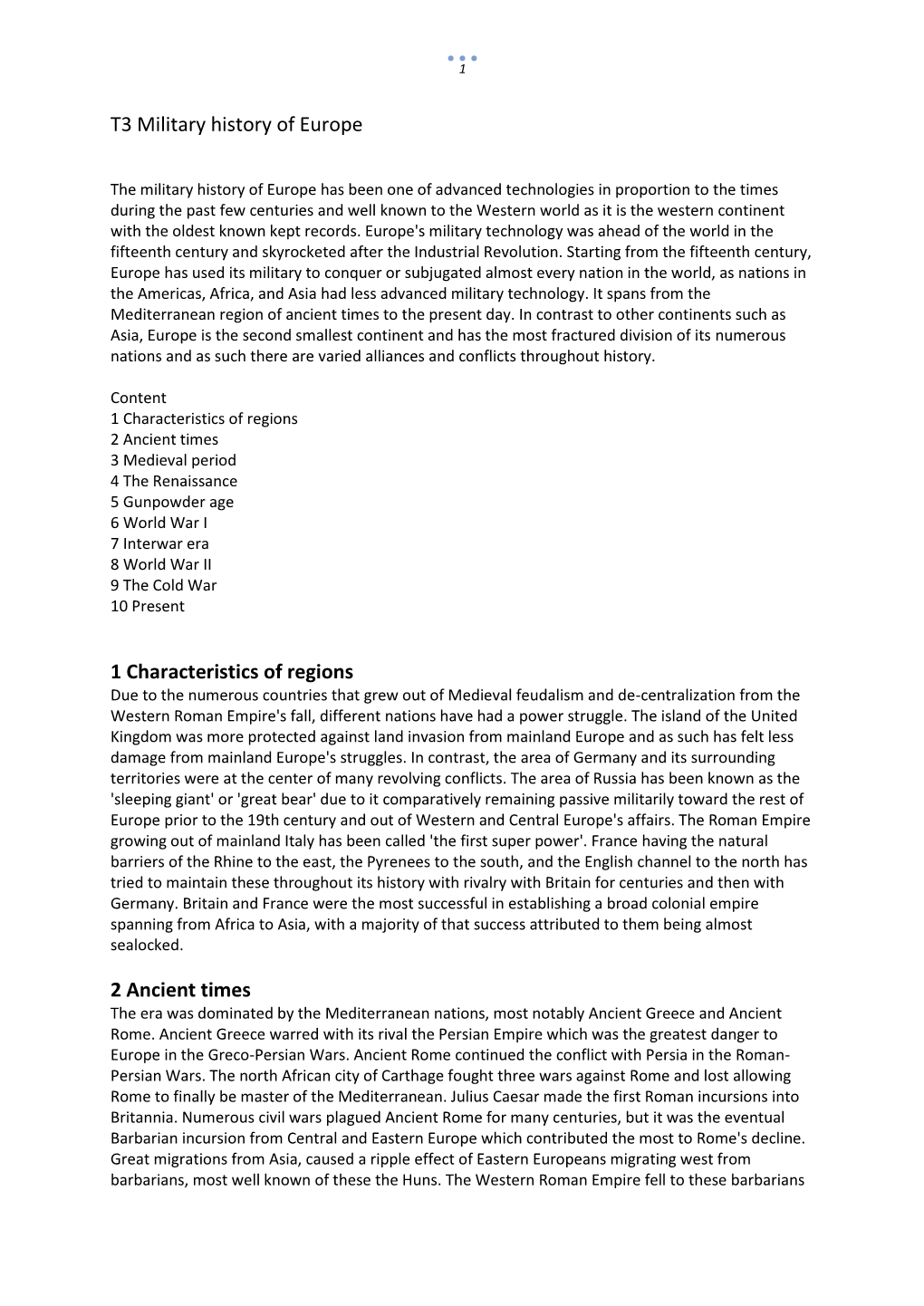 T3 Military History of Europe 1 Characteristics of Regions 2 Ancient