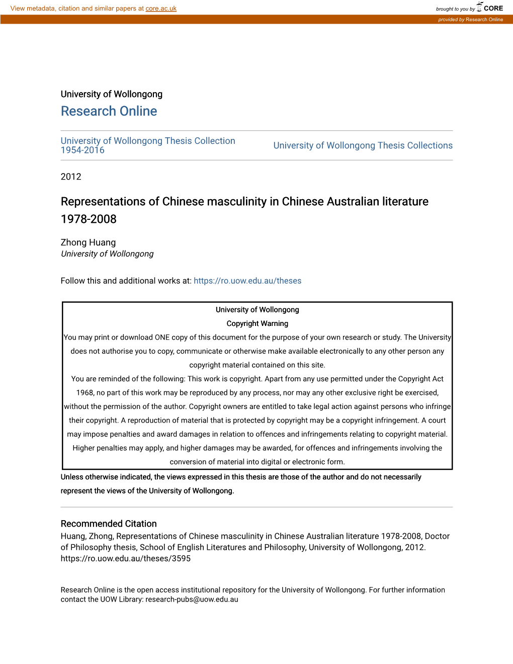 Representations of Chinese Masculinity in Chinese Australian Literature 1978-2008