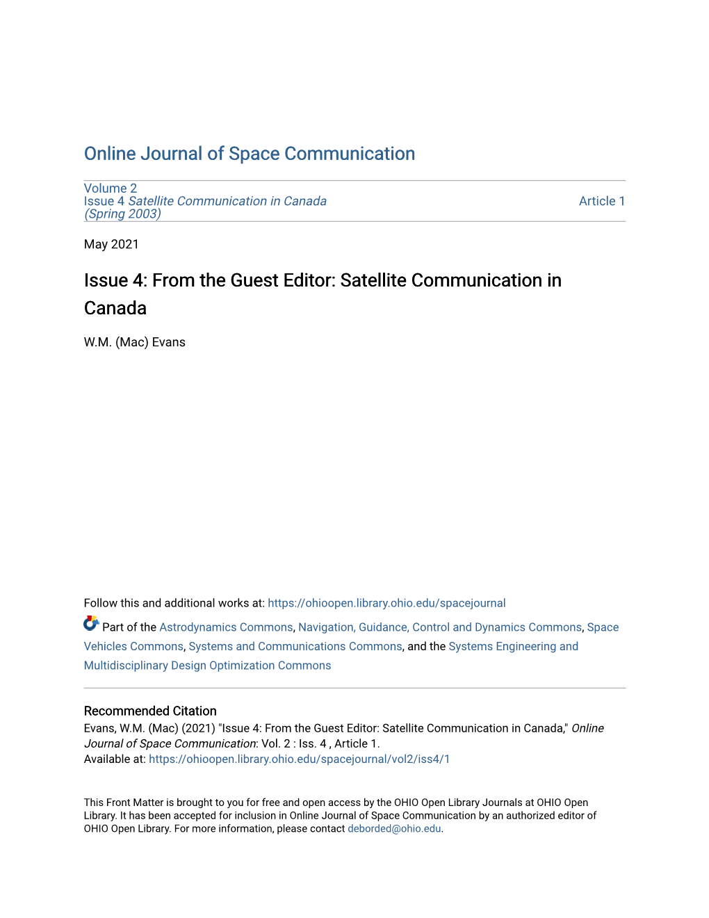 From the Guest Editor: Satellite Communication in Canada