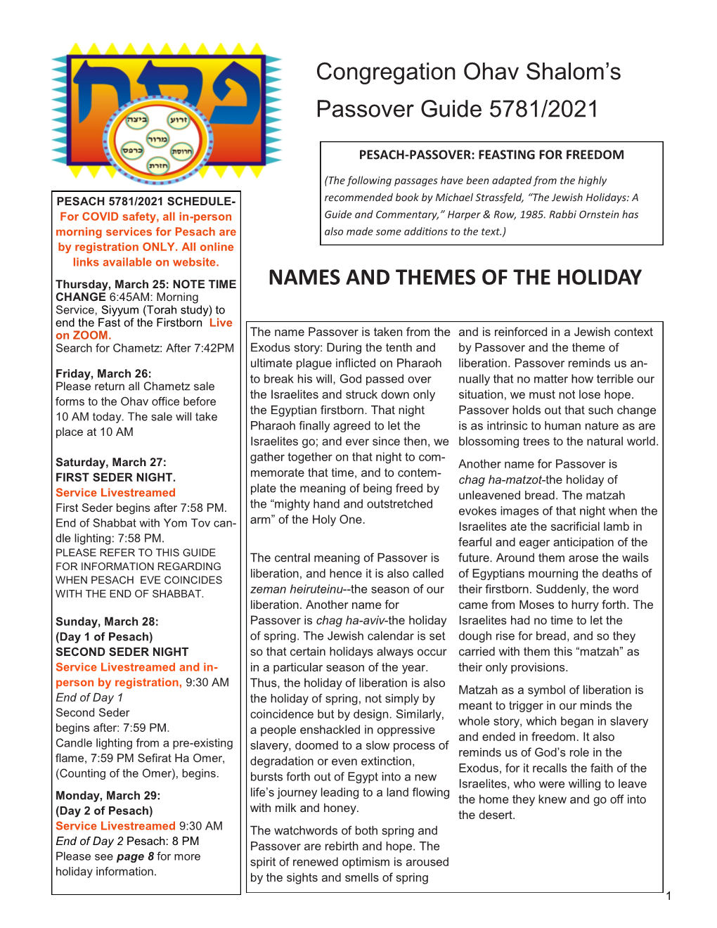 Congregation Ohav Shalom's Passover Guide 5781/2021 NAMES