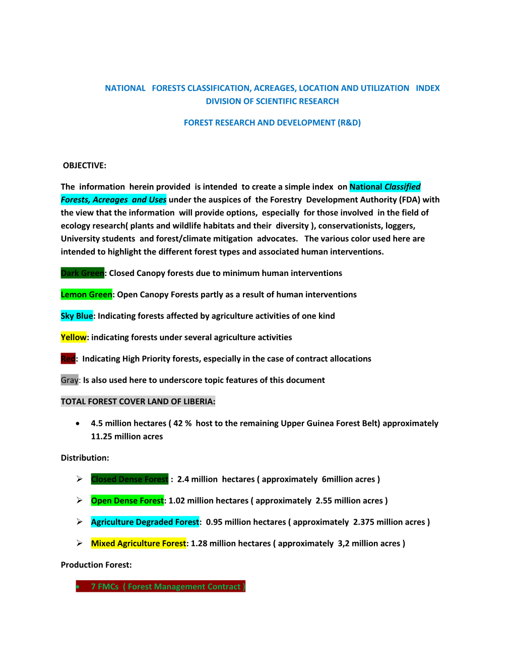 National Forests Classification, Acreages, Location and Utilization Index Division of Scientific Research