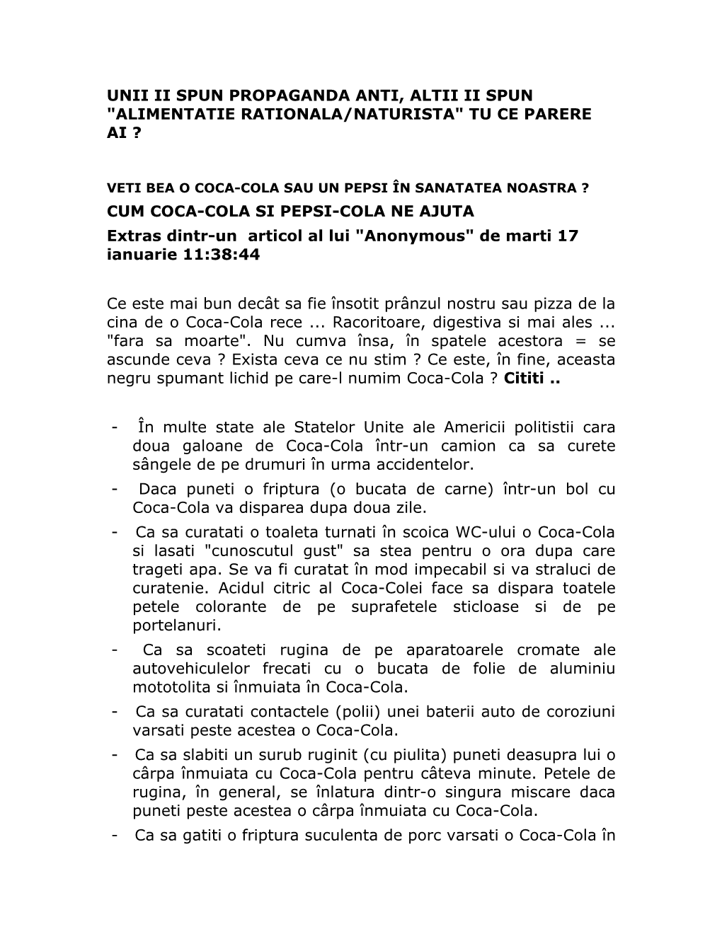 CUM COCA-COLA SI PEPSI-COLA NE AJUTA Extras Dintr-Un Articol Al Lui "Anonymous" De Marti 17 Ianuarie 11:38:44