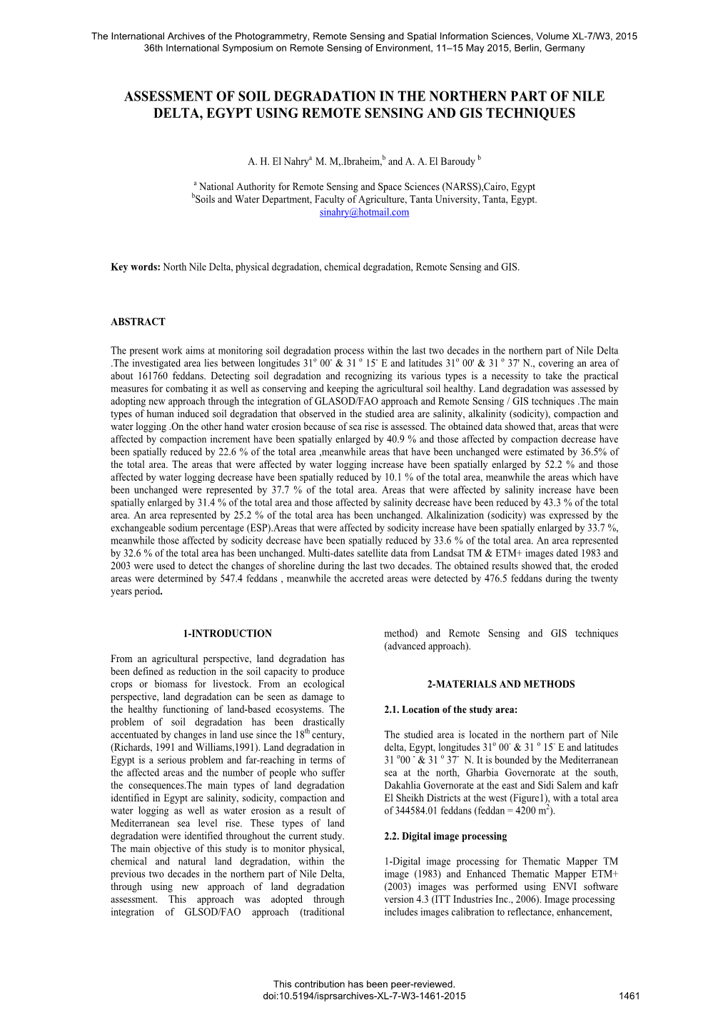 Assessment of Soil Degradation in the Northern Part of Nile Delta, Egypt Using Remote Sensing and Gis Techniques