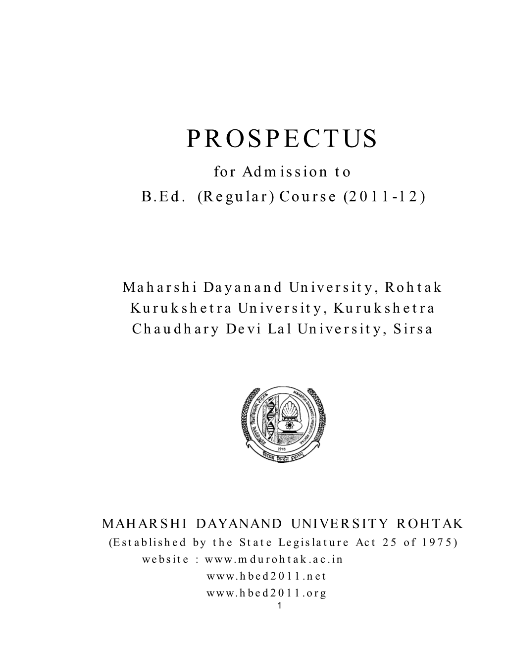 PROSPECTUS for Admission to B.Ed