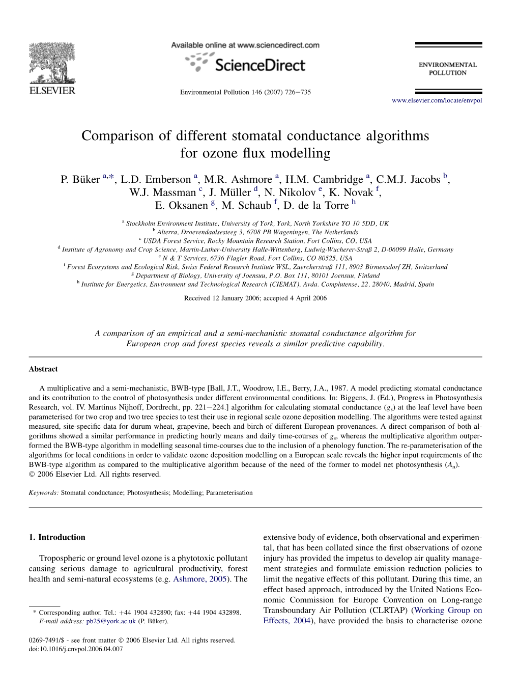 Comparison of Different Stomatal Conductance Algorithms for Ozone ﬂux Modelling