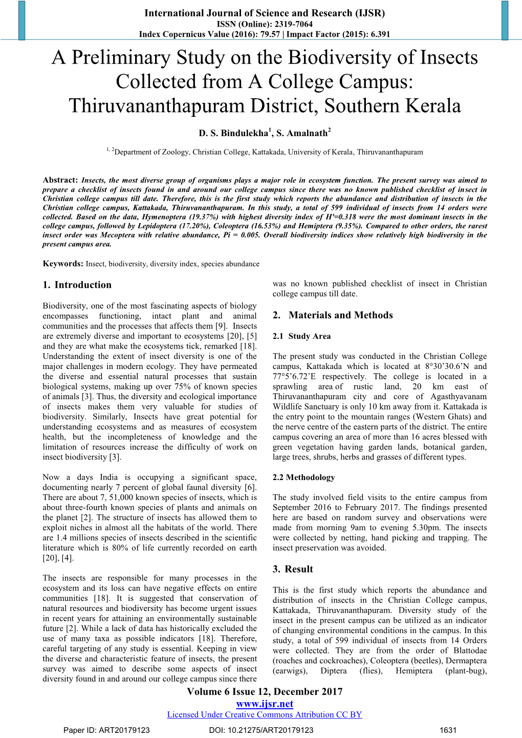 A Preliminary Study on the Biodiversity of Insects Collected from a College Campus: Thiruvananthapuram District, Southern Kerala