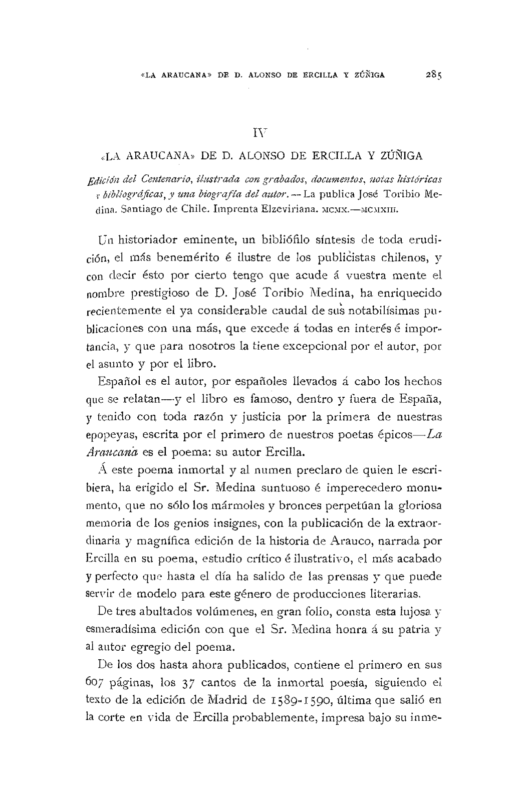 "La Araucana" De D. Alonso De Ercilla Y Zuñiga