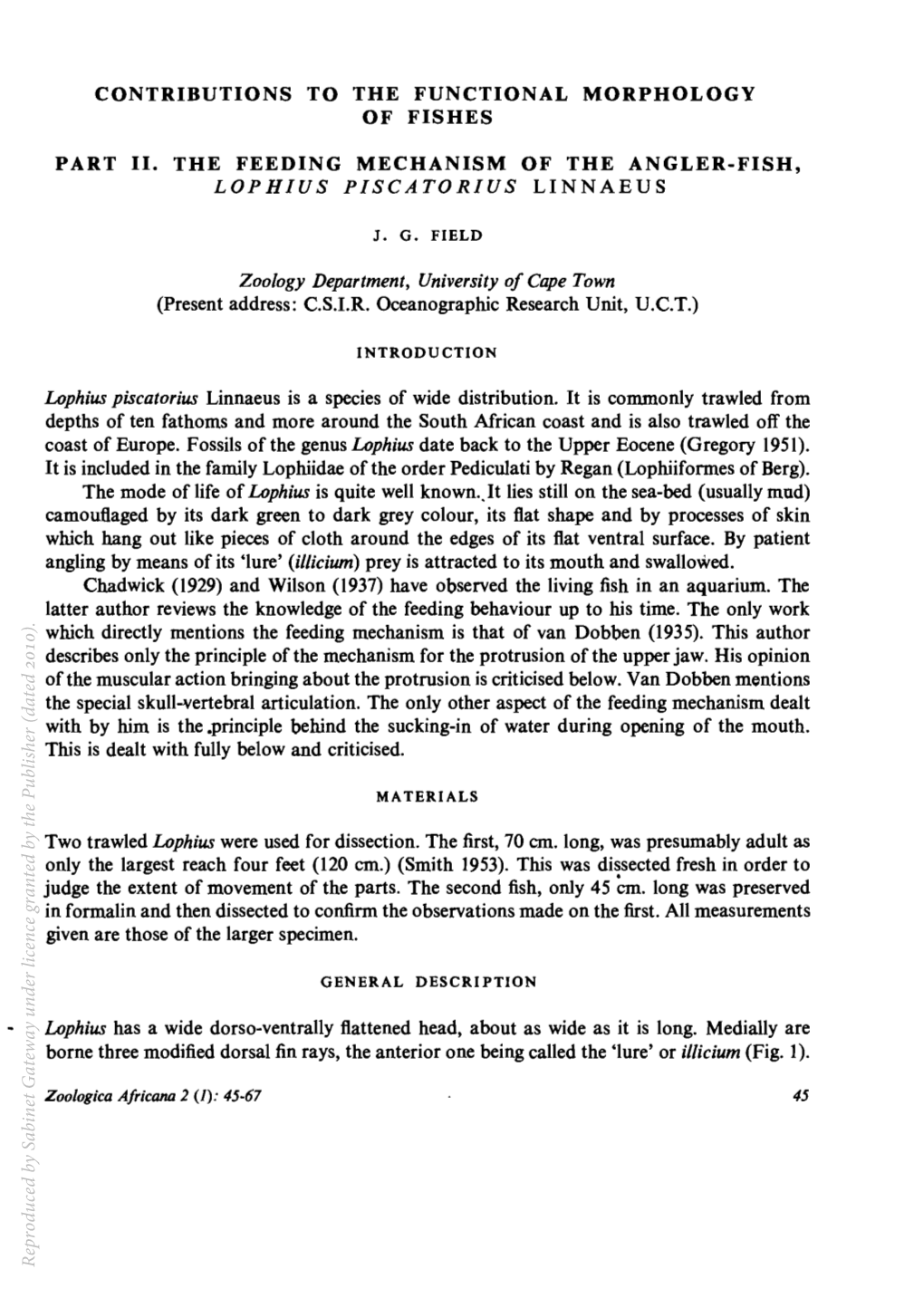 Contributions to the Functional Morphology of Fishes