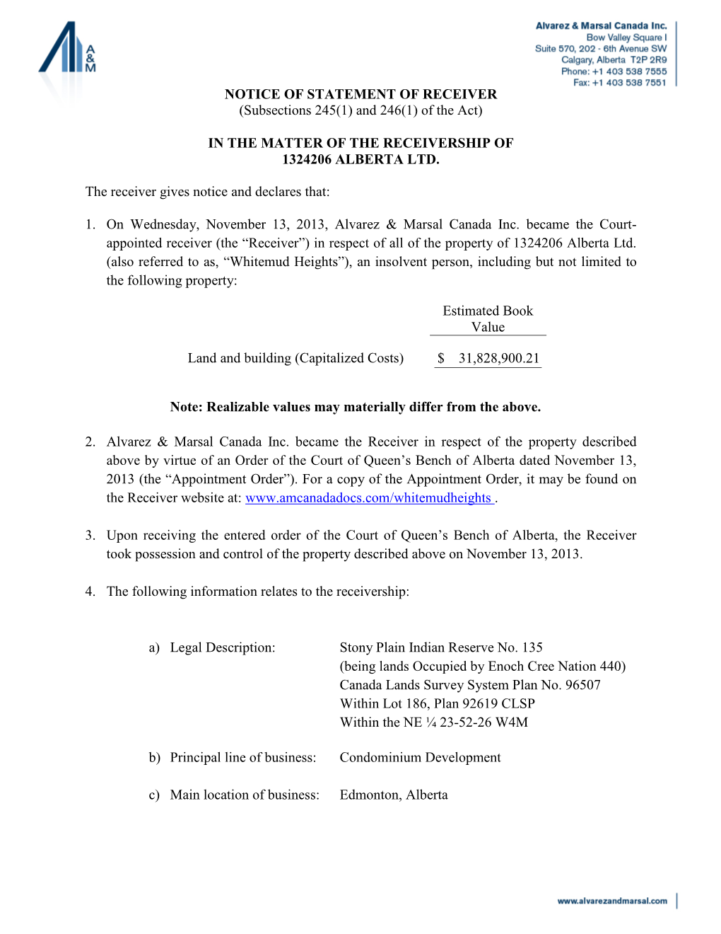 Notice of Statement of Receiver (November 13, 2013)