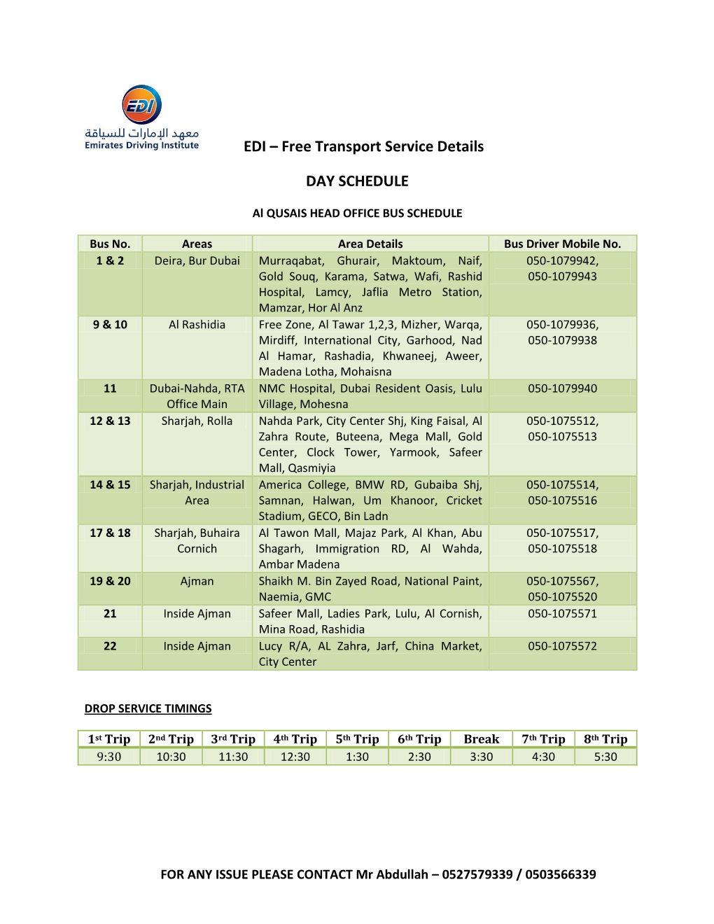 EDI – Free Transport Service Details DAY SCHEDULE