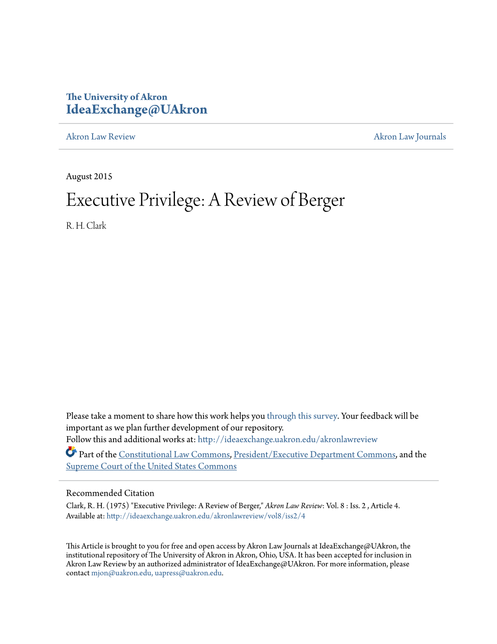 Executive Privilege: a Review of Berger R