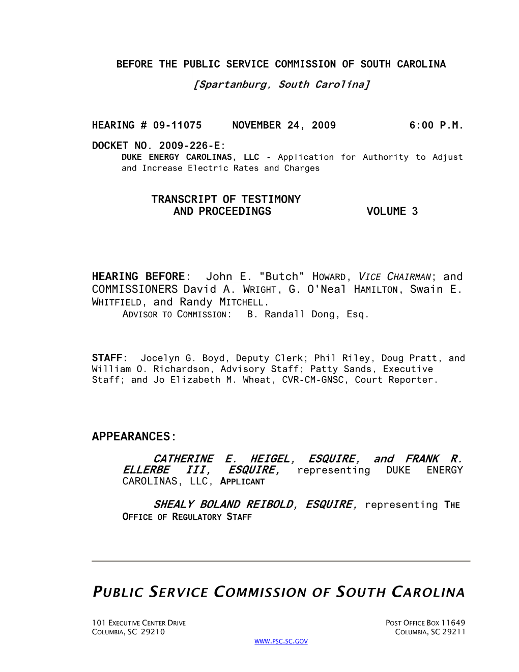 BEFORE the PUBLIC SERVICE COMMISSION of SOUTH CAROLINA [Spartanburg, South Carolina]