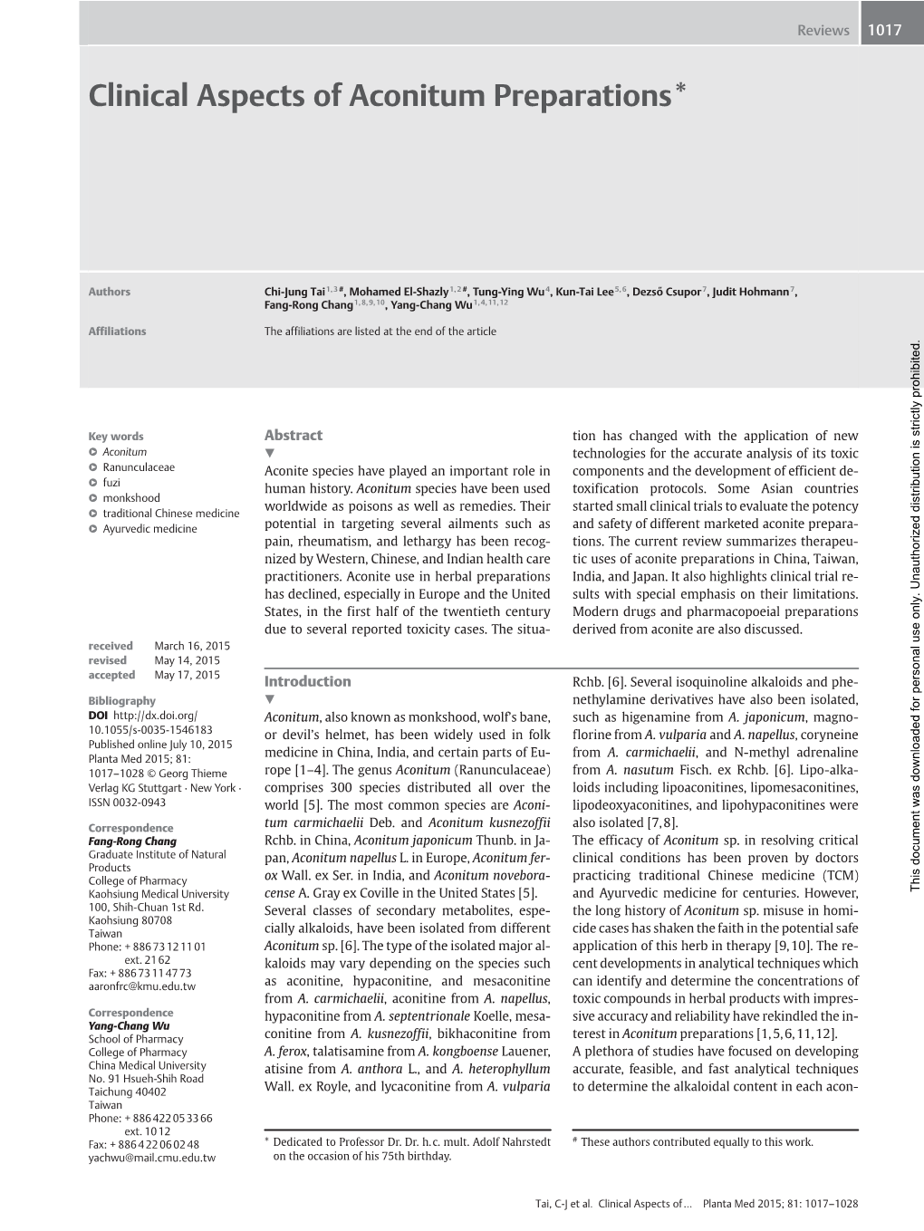 Clinical Aspects of Aconitum Preparations*