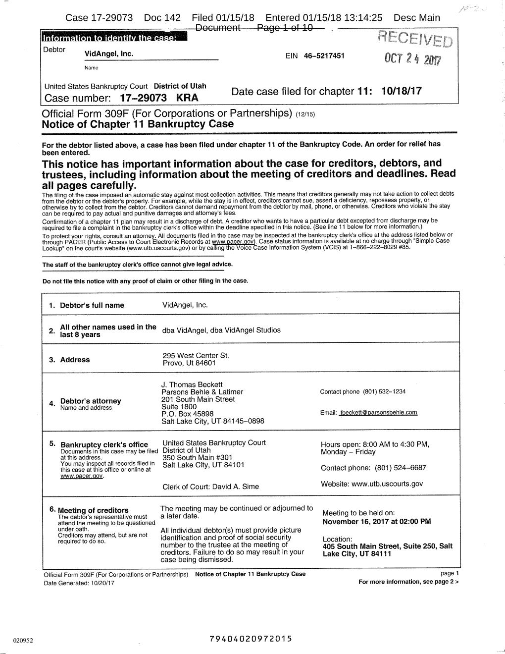 142 Filed 01/15/18 Entered 01/15/18 13:14:25 Desc Main Document Page 1 of 10