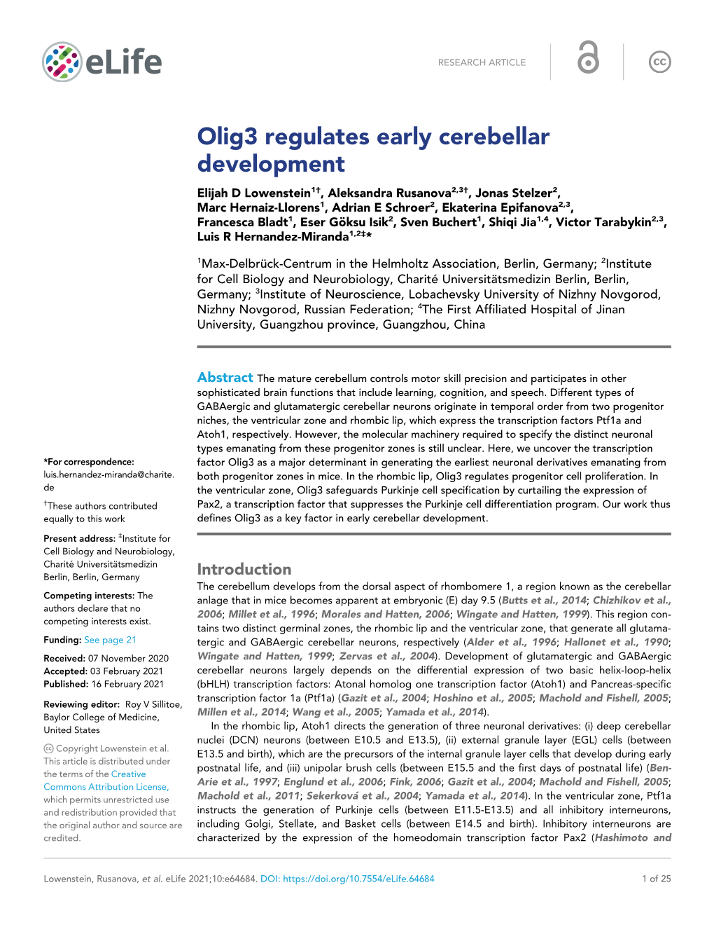 Olig3 Regulates Early Cerebellar Development