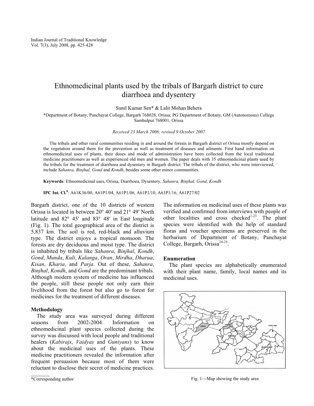 Ethnomedicinal Plants Used by the Tribals of Bargarh District to Cure Diarrhoea and Dysentery