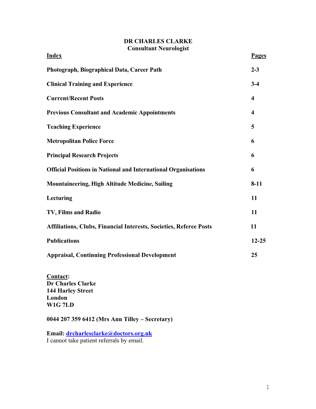 DR CHARLES CLARKE Consultant Neurologist Index Pages