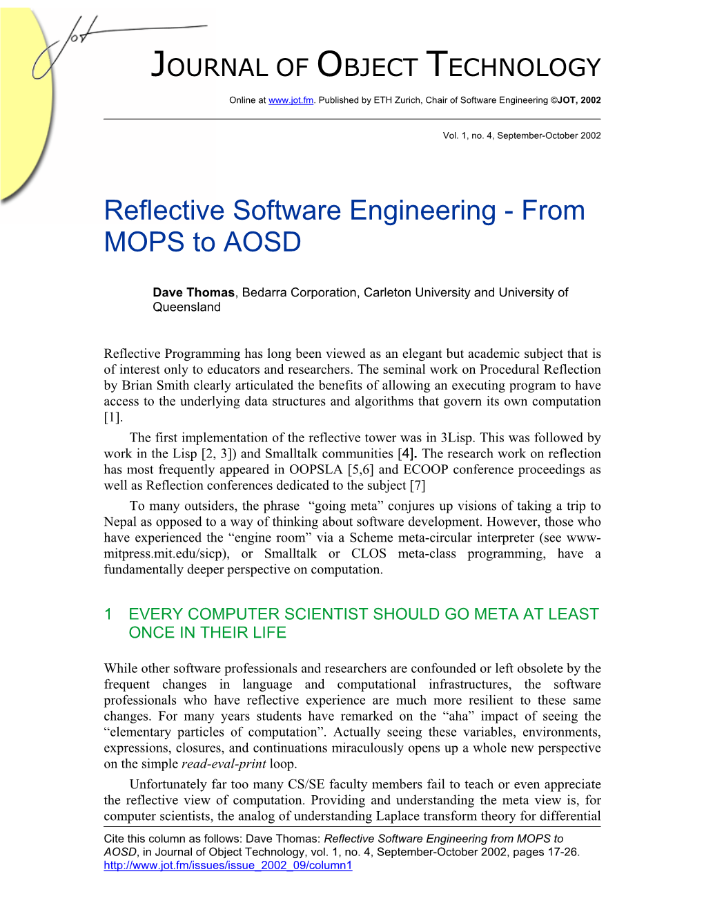Reflective Software Engineering - from MOPS to AOSD