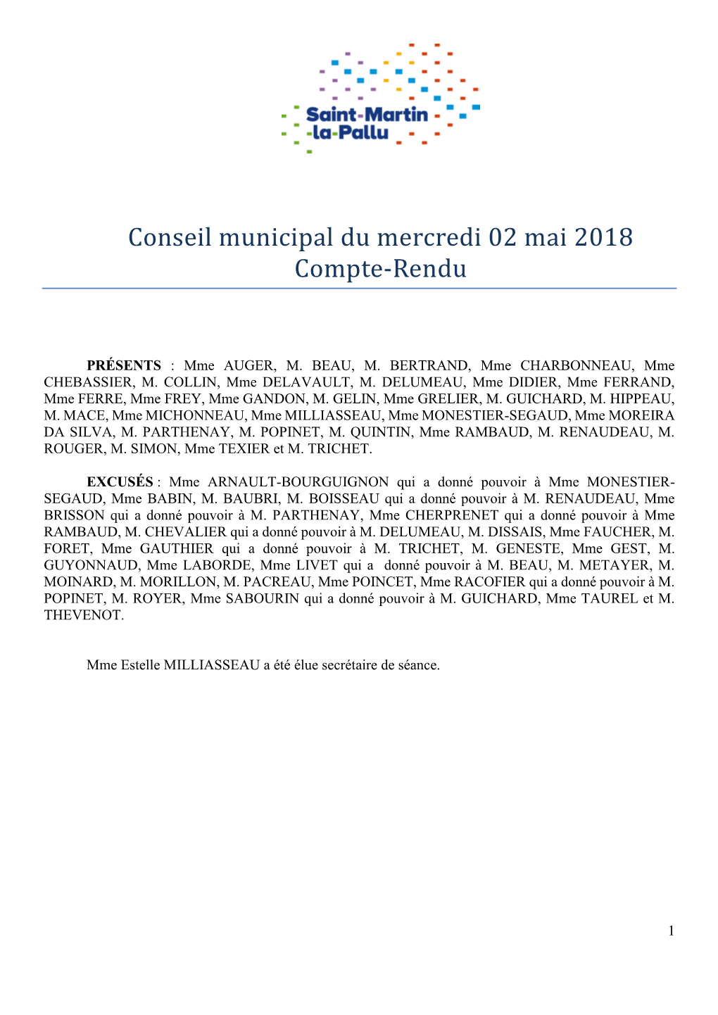 Conseil Municipal Du Mercredi 02 Mai 2018 Compte-Rendu