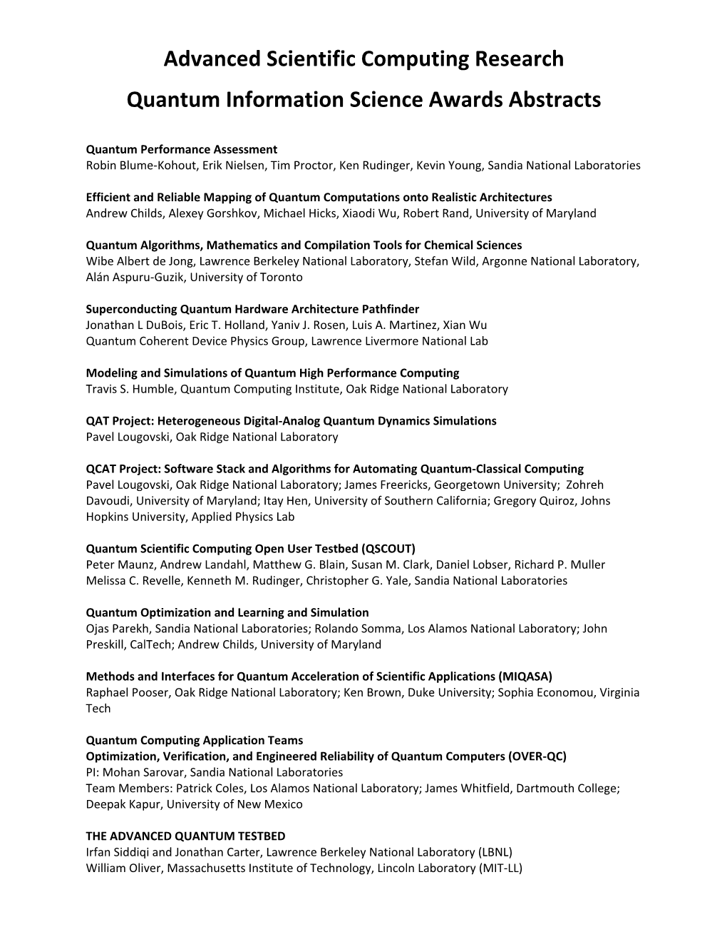 Advanced Scientific Computing Research Quantum Information Science Awards Abstracts