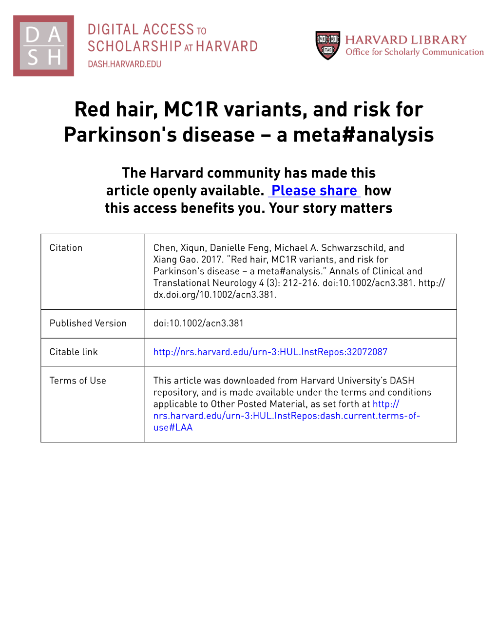 Red Hair, MC1R Variants, and Risk for Parkinson's Disease – a Meta#Analysis