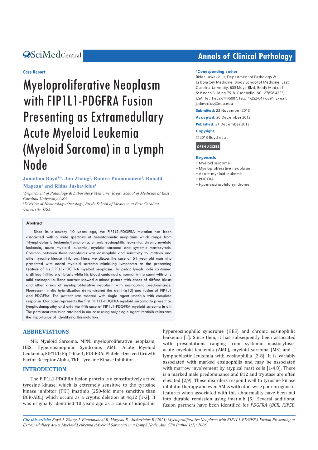 Myeloproliferative Neoplasm with FIP1L1-PDGFRA Fusion Presenting As Extramedullary Acute Myeloid Leukemia (Myeloid Sarcoma) in a Lymph Node