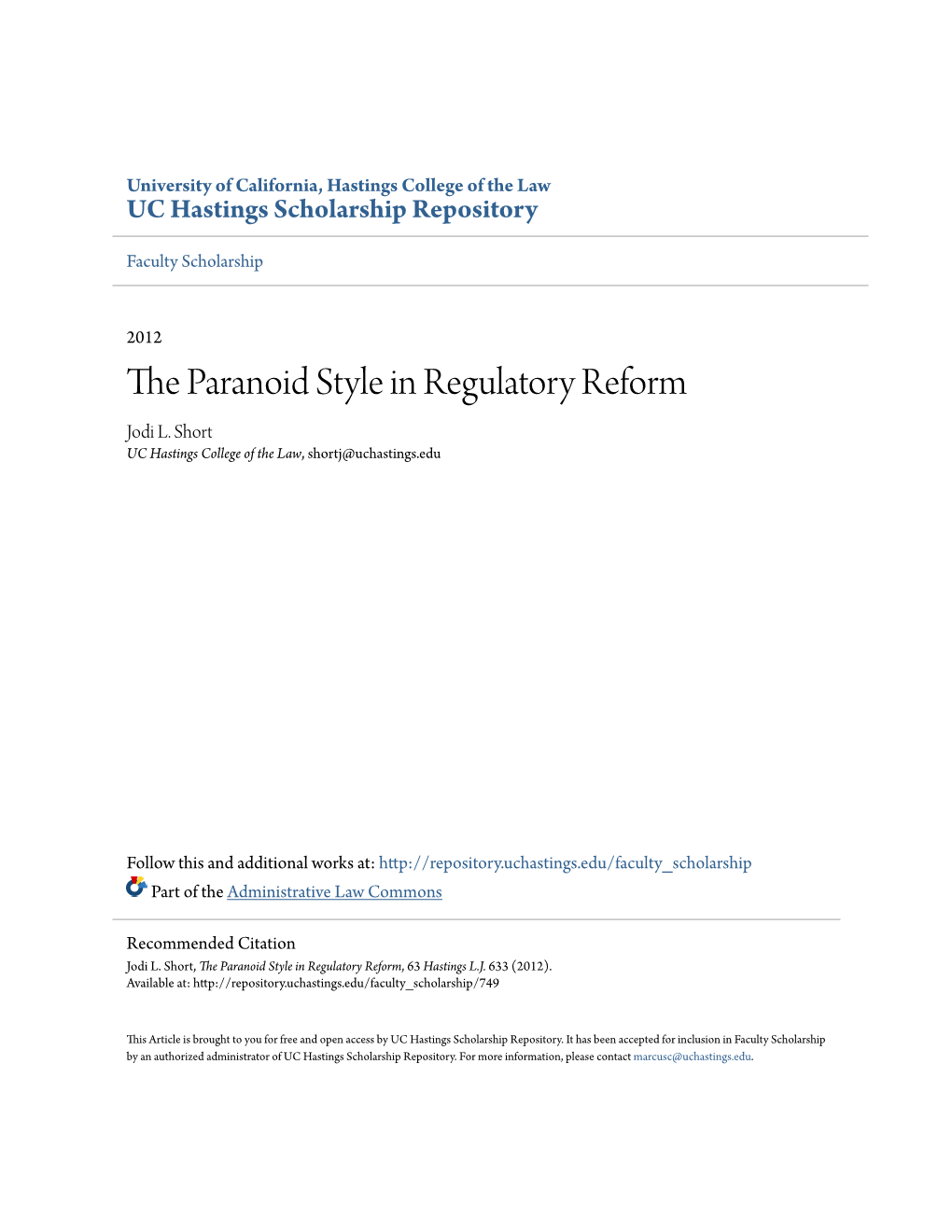 The Paranoid Style in Regulatory Reform, 63 Hastings L.J