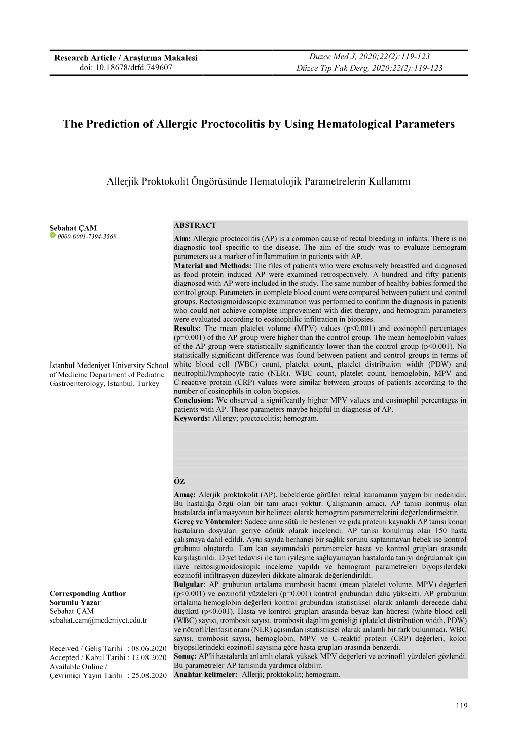 The Prediction of Allergic Proctocolitis by Using Hematological Parameters