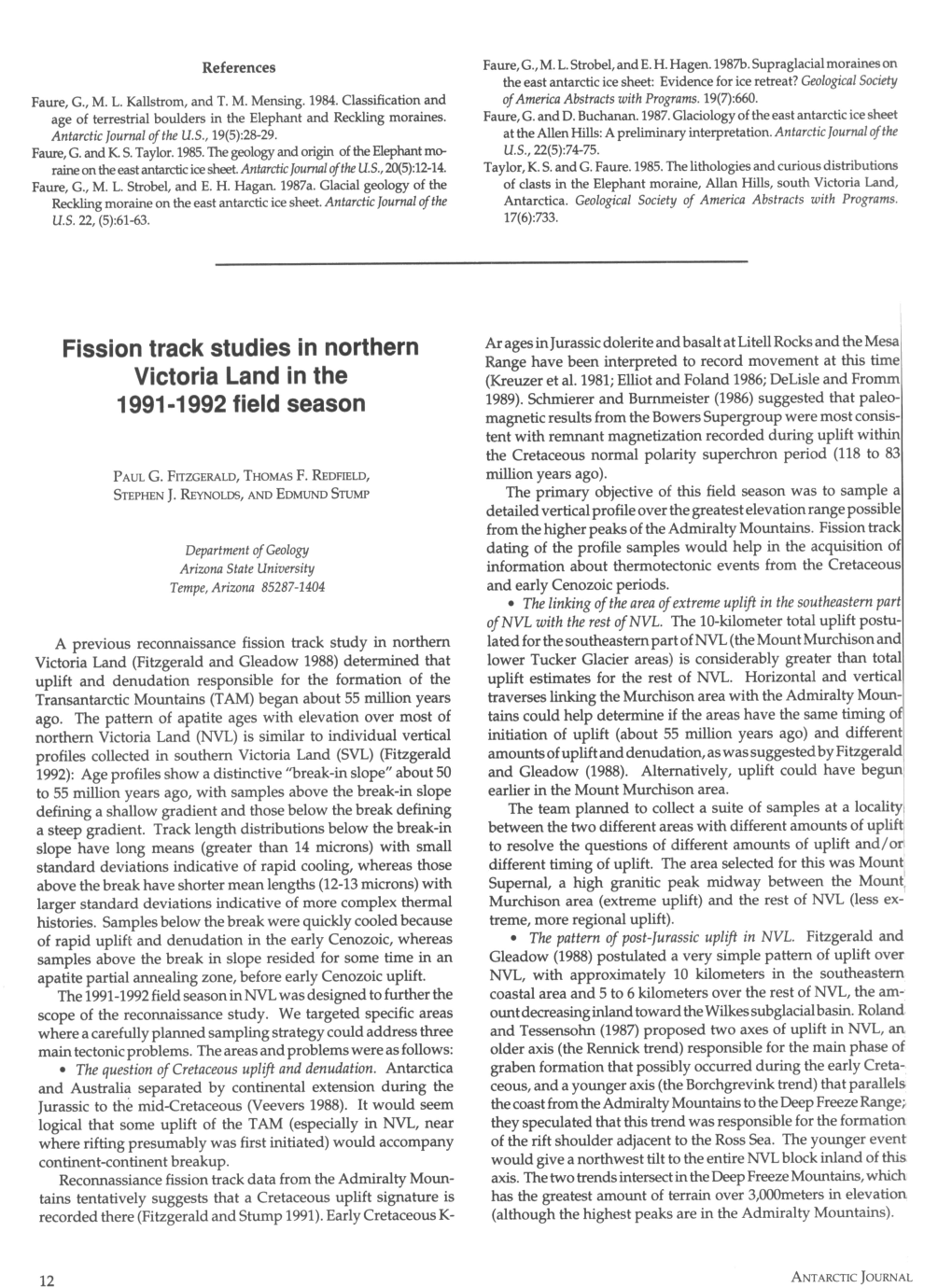 Fission Track Studies in Northern Victoria Land in the 1991-1992 Field