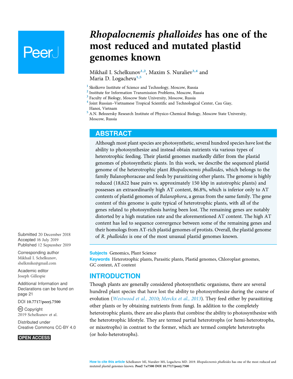 Rhopalocnemis Phalloides Has One of the Most Reduced and Mutated Plastid Genomes Known