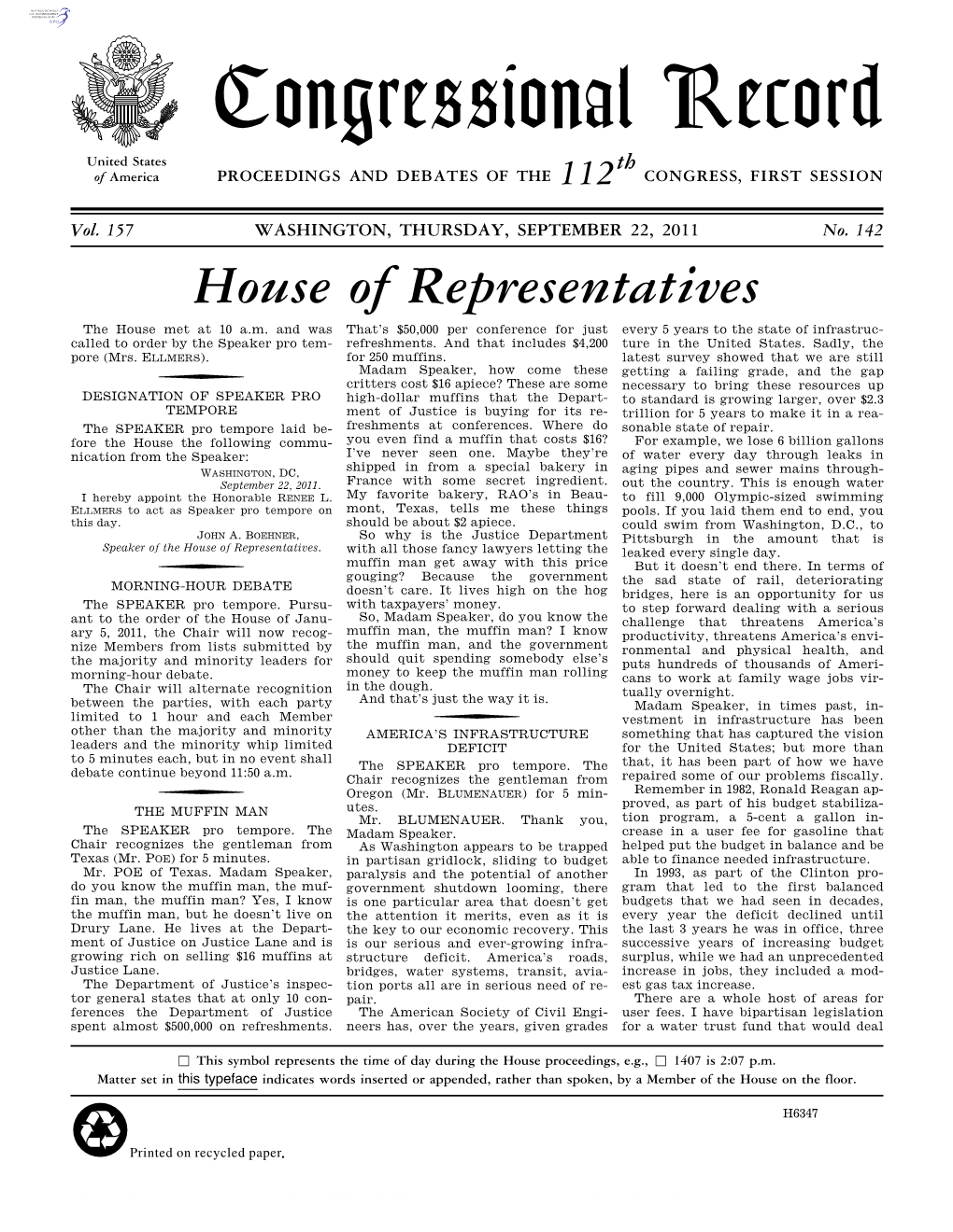 Congressional Record United States Th of America PROCEEDINGS and DEBATES of the 112 CONGRESS, FIRST SESSION