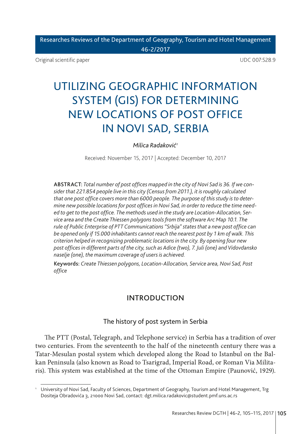 Utilizing Geographic Information System (Gis) for Determining New Locations of Post Office in Novi Sad, Serbia