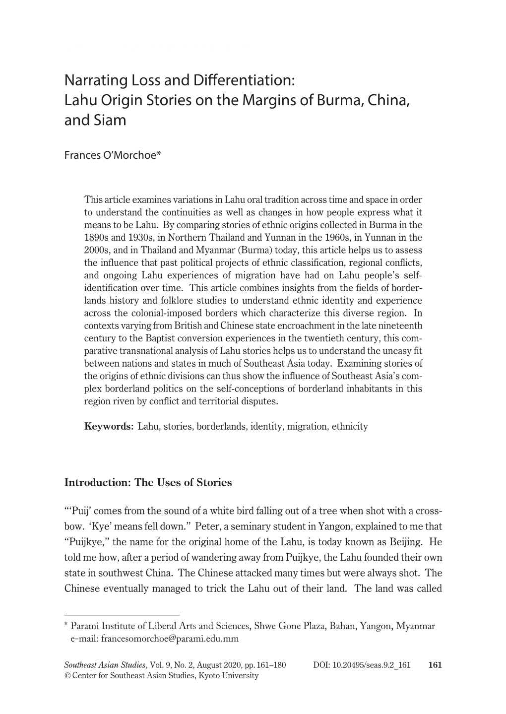 Lahu Origin Stories on the Margins of Burma, China, and Siam