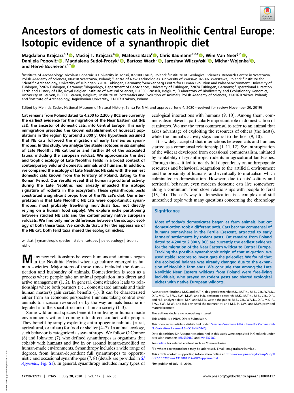 Ancestors of Domestic Cats in Neolithic Central Europe: Isotopic Evidence of a Synanthropic Diet