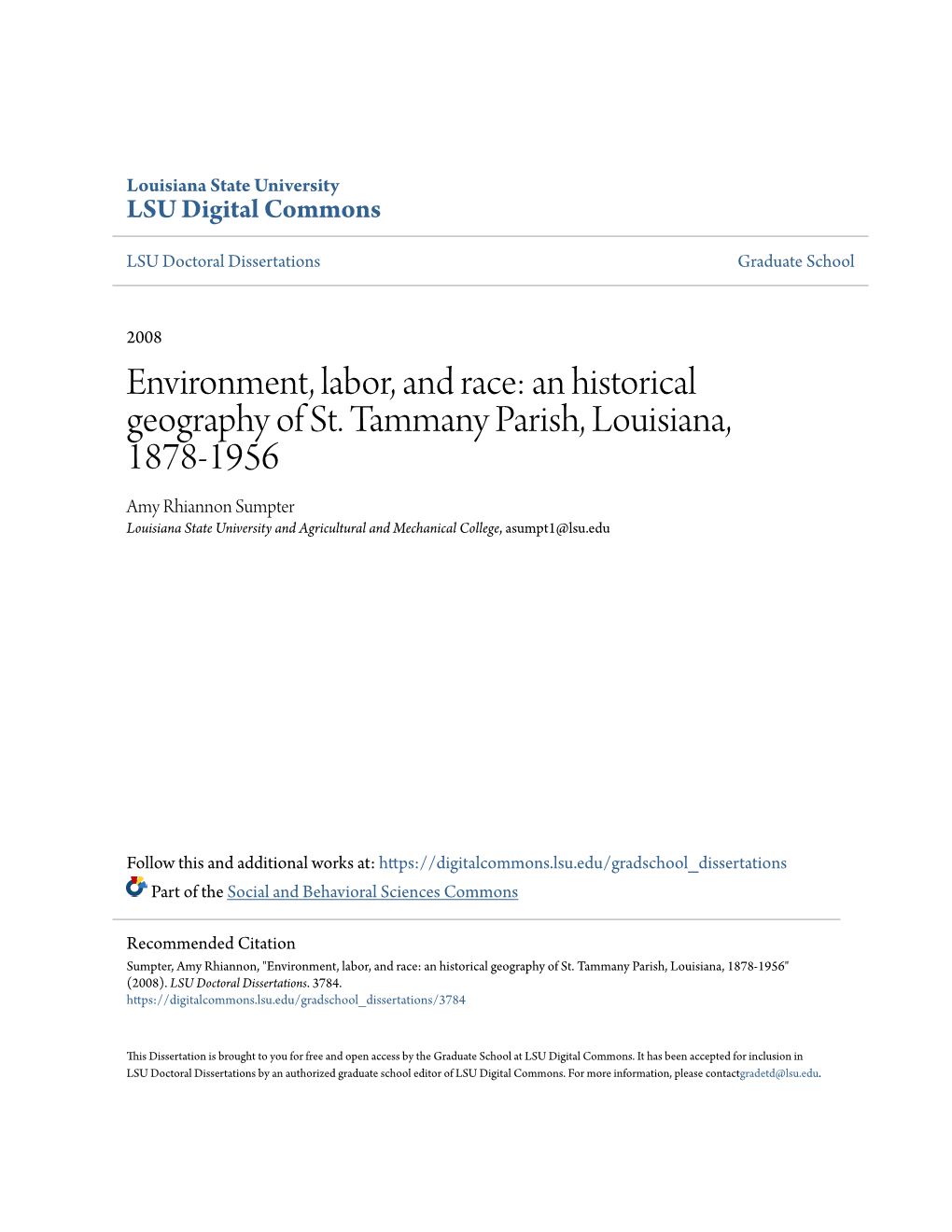 An Historical Geography of St. Tammany Parish, Louisiana, 1878-1956