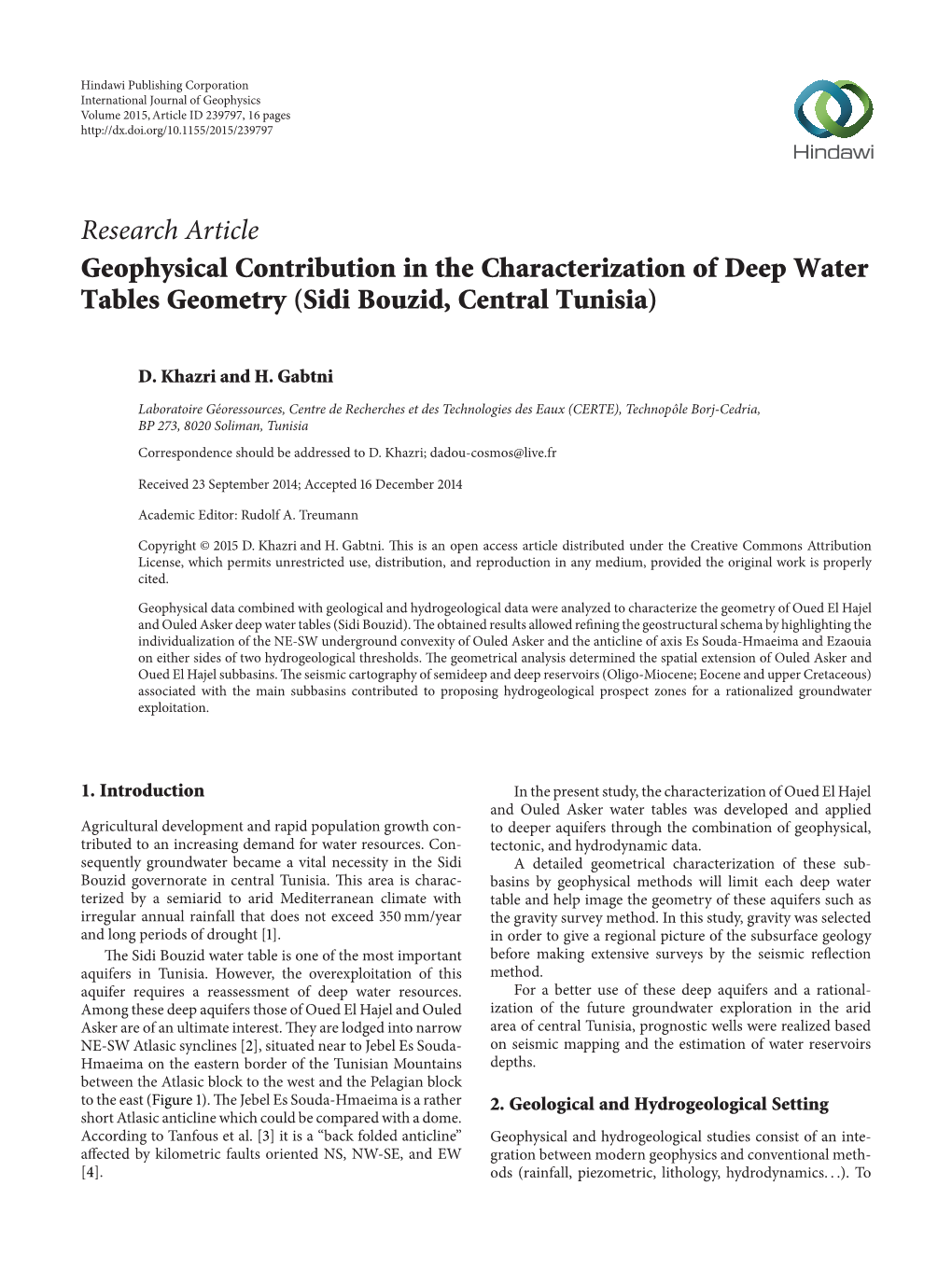 Geophysical Contribution in the Characterization of Deep Water Tables Geometry (Sidi Bouzid, Central Tunisia)