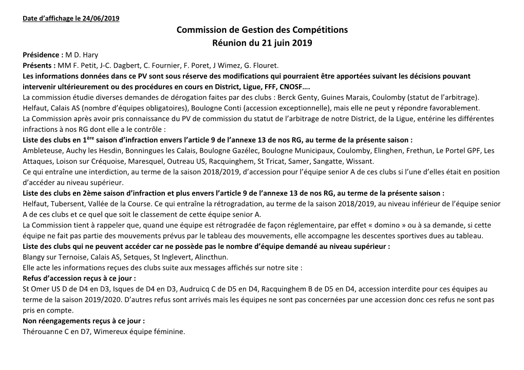 Commission De Gestion Des Compétitions Réunion Du 21 Juin 2019 Présidence : M D