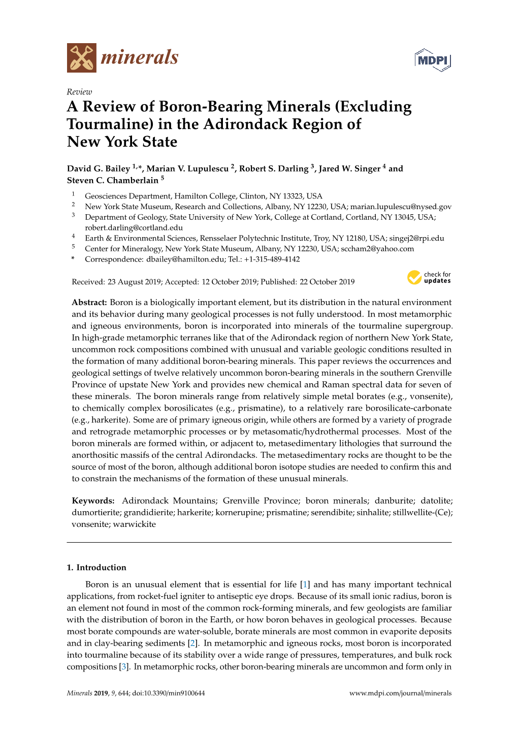 A Review of Boron-Bearing Minerals (Excluding Tourmaline) in the Adirondack Region of New York State