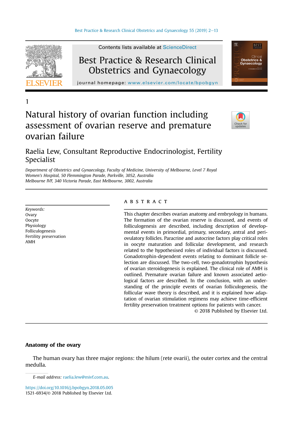 Natural History of Ovarian Function Including Assessment of Ovarian Reserve and Premature Ovarian Failure