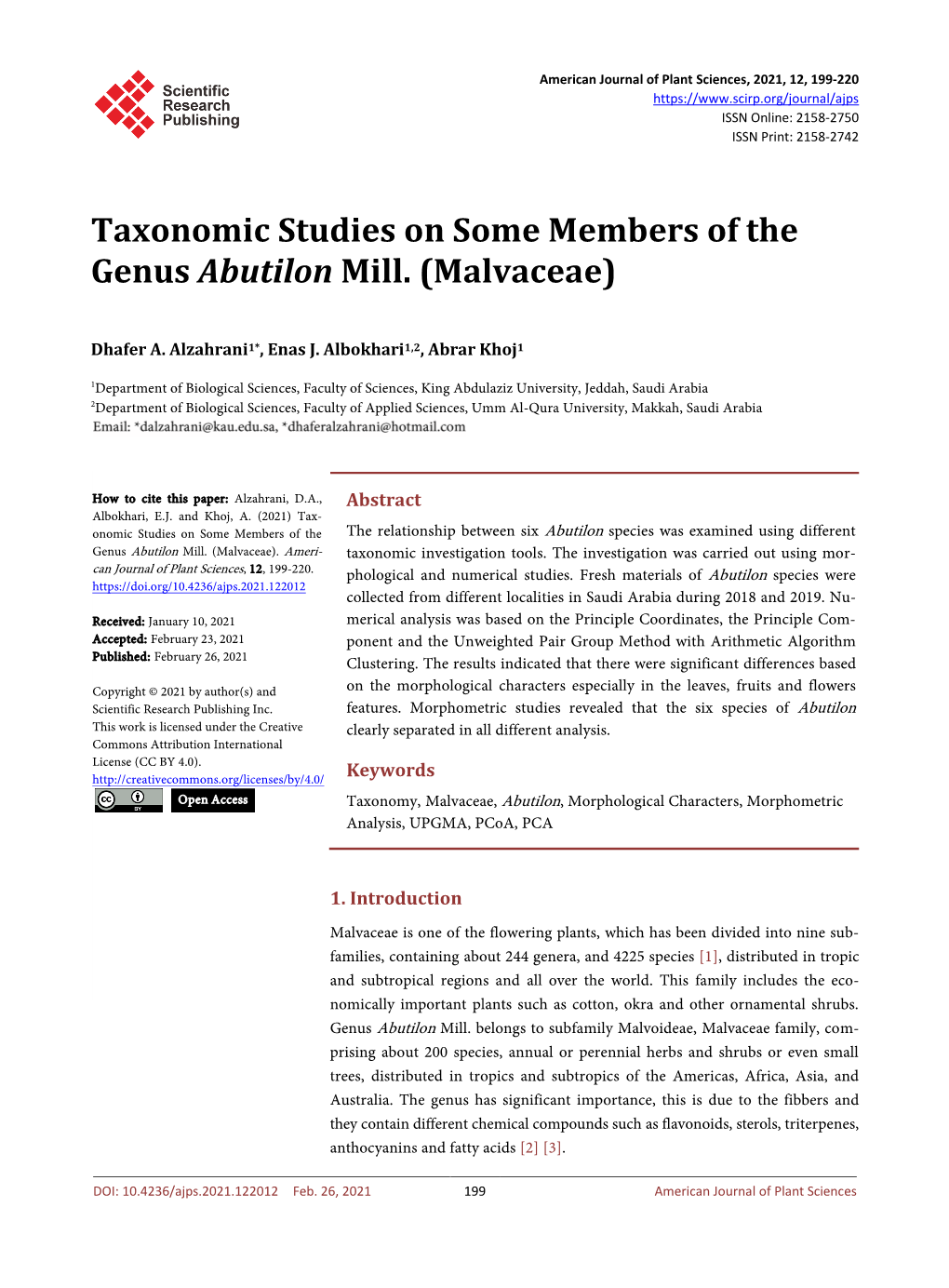 Taxonomic Studies on Some Members of the Genus Abutilon Mill