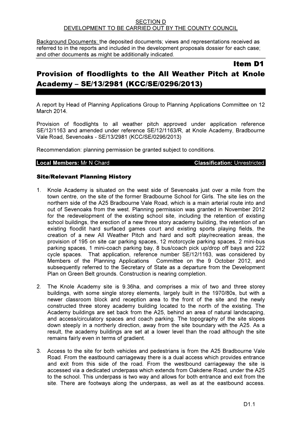 Item D1 Provision of Floodlights to the All Weather Pitch at Knole Academy – SE/13/2981 (KCC/SE/0296/2013)