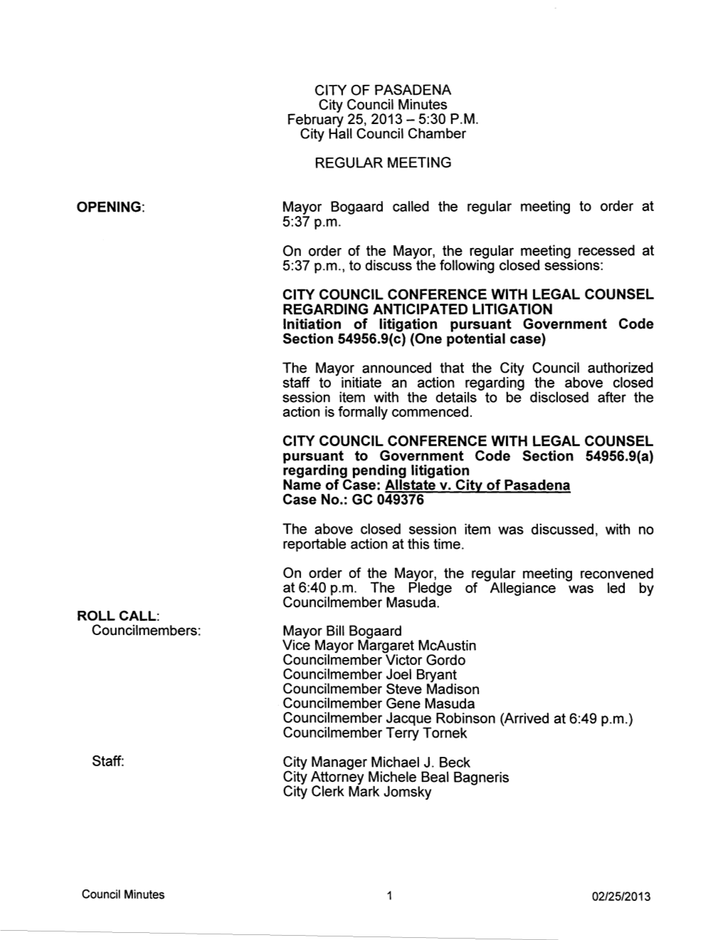 CITY of PASADENA City Council Minutes February 25, 2013-5:30 PM City Hall Council Ch