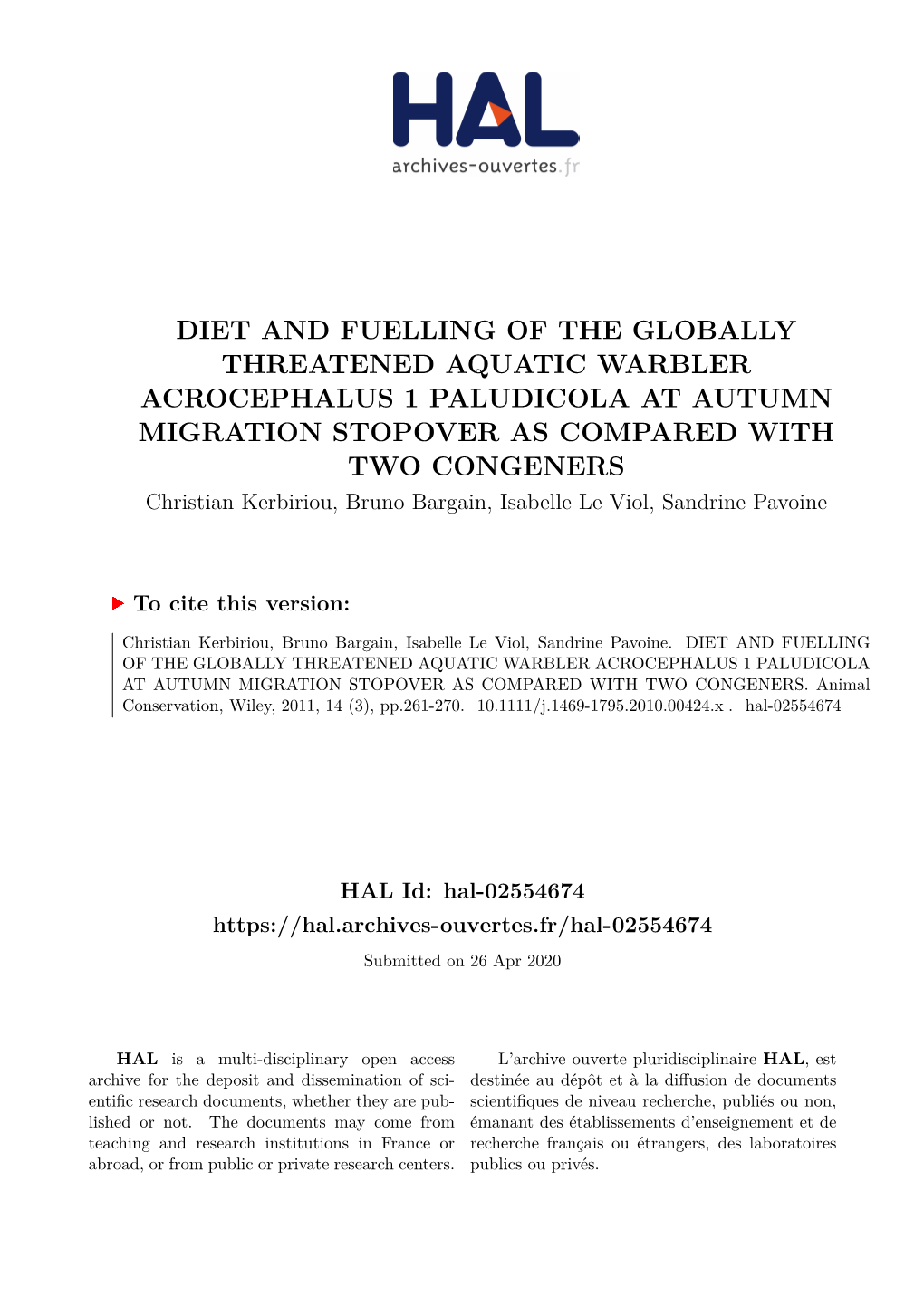 Diet and Fuelling of the Globally Threatened Aquatic Warbler Acrocephalus 1 Paludicola at Autumn Migration Stopover As Compared