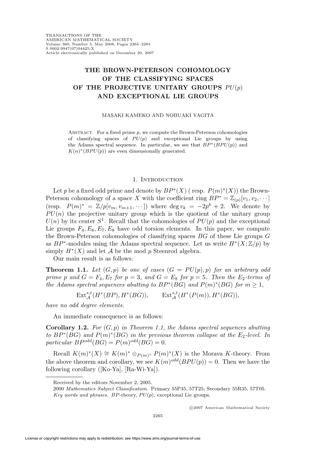 THE BROWN-PETERSON COHOMOLOGY of the CLASSIFYING SPACES OFTHEPROJECTIVEUNITARYGROUPSPU(P) and EXCEPTIONAL LIE GROUPS