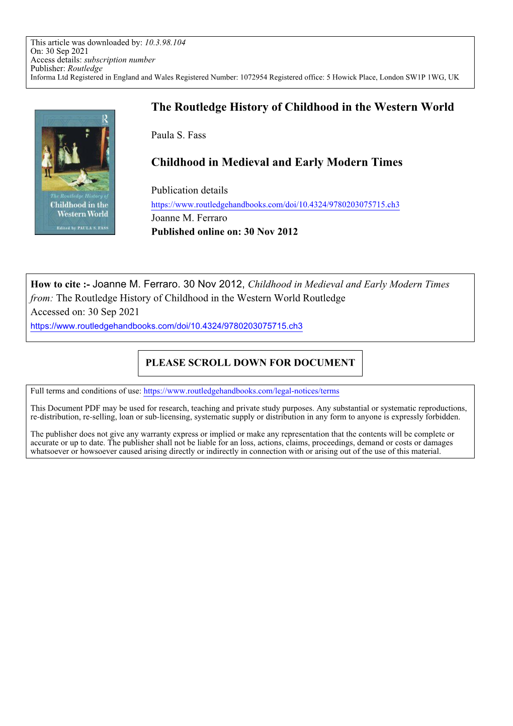 The Routledge History of Childhood in the Western World Childhood In